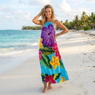 Summer Halter Dress Rayon Hand Painted Floral Design